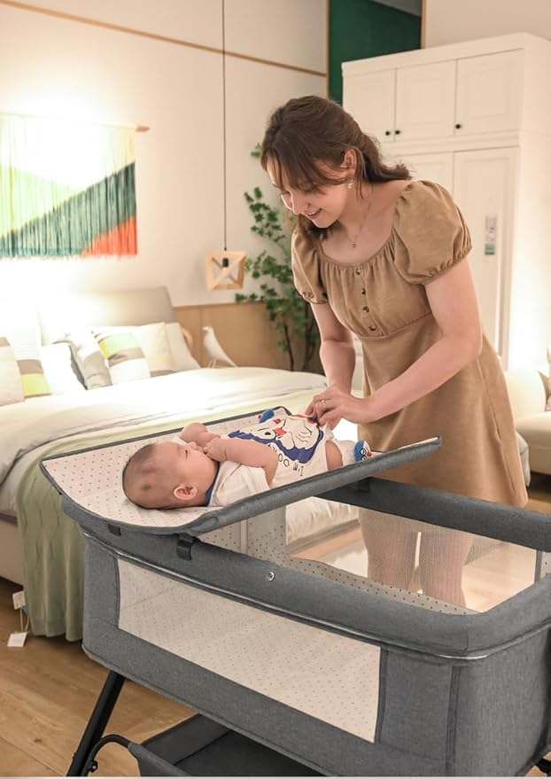 Nine point nine Baby Bedside Bassinet, Baby Bassinet Bedside Sleeper, Next to Me Crib with Wheels, Foldable Co-Sleeping Bed Crib for Newborn (X3 Grey)