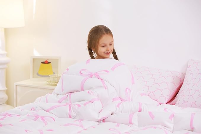 7 Pieces Cartoon Bowknot Kids Comforter Twin,Pink Bow Tie Butterfly Knot Princess Bedding Set,Watercolor Bow Patchwork Pink White（Comforter+Fitted+Flat Sheet+2 Pillowcases+2 Throw Pillow Covers）