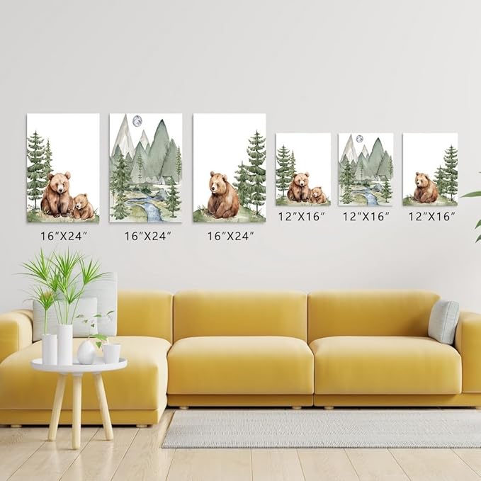 Baby Bear Nursery Wall Art, Cute Bears Wall Decor, Watercolor Green Mountain Forest Wall Art, Woodland Camping Nursery Decor Print, Nature Art for Boy Girl Toddler Bedroom, Framed Canvas, 16"x24"x3