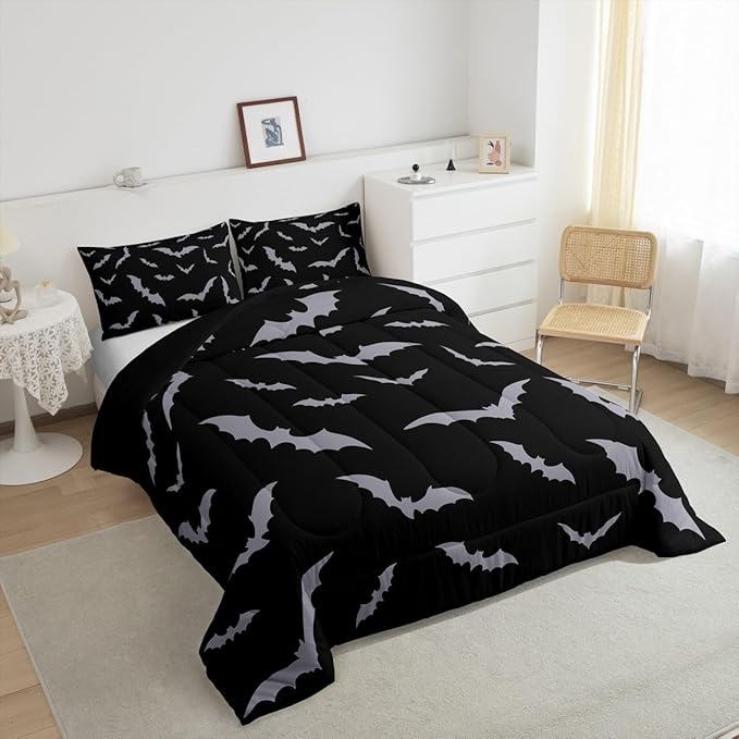 Erosebridal Happy Halloween Comforter Set for Kids Youth Grey Bats Bedding Set Gothic Spooky Quilt King Size Cartonn Bed Decorative Bedding Comforter Sets with 2 Pillow Cases
