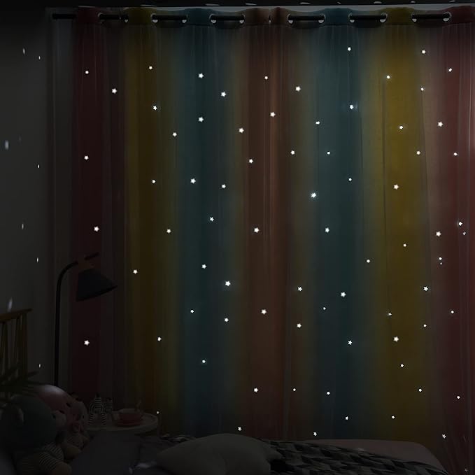 Kinryb Nursery/Kids/Girls Room Star Cut Out Blackout Rainbow Curtain with Sheer Overlay 2 Panels, Each 52 inch Wide,84 inch Length with White Gauze,Ombre Stripe Rainbow Curtains (2 Panels,52x84 Inch)