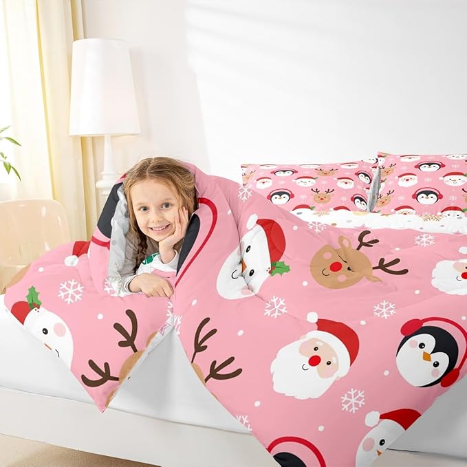 Feelyou Pink Christmas Comforter Set Toddler Size Santa Claus Bedding Set for Kids Boys Girls Deer Penguin Duvet Quilt Snowman Bedroom Decor Microfiber 2 Pcs with 1 Pillow Cases
