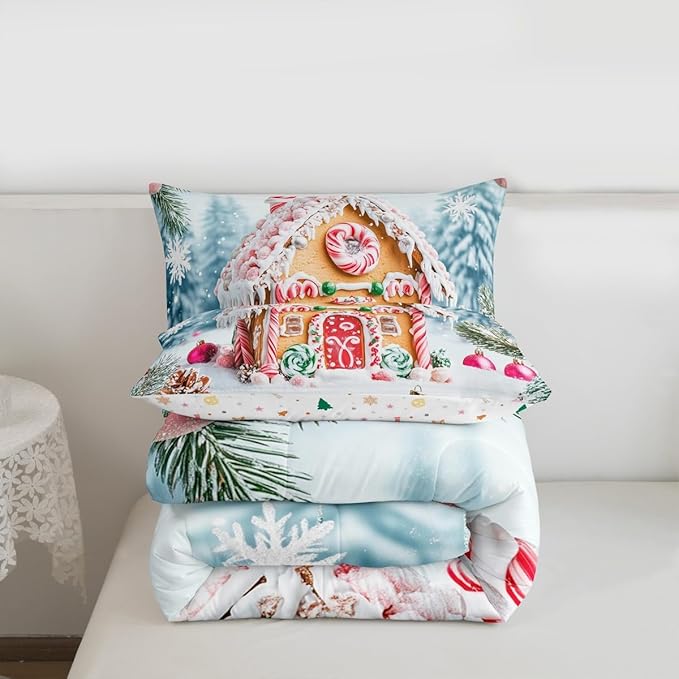 Feelyou Christmas Snowscape House Landscape Bedding Set Soft for Boys Girls,Gingerbread House Comforter Set Queen Size Candy Canes Duvet Quilt Pine Branches Bedroom Decor 3 Pcs with 2 Pillow Cases