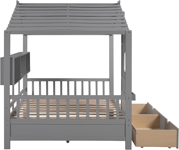 Linique Wooden Full Size House Bed with 2 Drawers and Storage Shelf,Full Platform Bed Frame with Pitched Roof,Gray