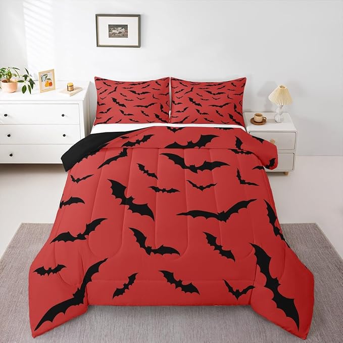 Erosebridal Black Bats Bedding Set Halloween Themed Comforter Set Toddler Size,Bat Spooky Gothic Quilt for Kids Boys Girls Adults Red Halloween Decorations Duvet Insert,Goth Room Decor