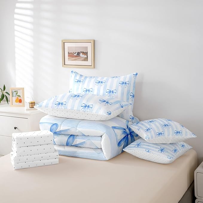 7 Pieces Blue Bowknot Kids Comforter Twin Size,Geometric Stripes Bow Tie Patchwork Dreamy Girls Bedding Set,Butterfly Knot Princess Cute（Comforter+Fitted+Flat+2 Pillowcases+2 Throw Pillow Covers）