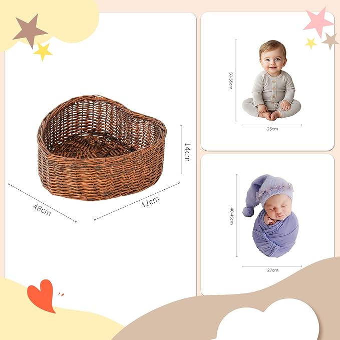 Kate Newborn Photography Props Brown Heart Shaped Rattan Basket Handcrafted Baby Basket Bed Set for Baby Photography Photoshoot