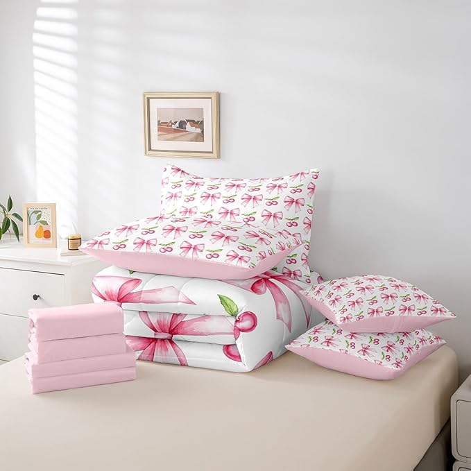 7 Pieces Pink Bowknot Kids Comforter Queen,Cherry Tropical Fruit Cartoon Bedding Set,Bow Tie Butterfly Knot Princess Dreamy Fashion（Comforter+Fitted+Flat Sheet+2 Pillowcases+2 Throw Pillow Covers）