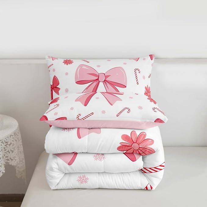 Feelyou Pink Bowknot Comforter Set All Season Christmas Candy Cane Snowflake Bedding Set with 2 Pillow Cases Cute Bow Microfiber Kids King Bedclothes Dreamy Princess Style Bedroom Decor Duvet Quilt