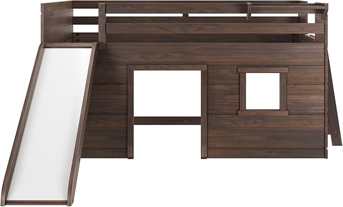 Max & Lily Loft Bed Twin Size, Solid Wood Low Loft Bed with Slide and Ladder, Modern Farmhouse Loft Bed for Kids, Barnwood Brown