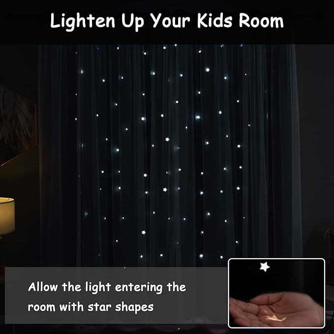 Kinryb Kids Blackout Curtains for Bedroom/Living Room/Classroom, Sheer Overlay Small 2 Panel Set, Double Layer Curtains with Star Cutout for Kids Room(W 52 x L 45 Inches,Sky Blue 2 Pcs)