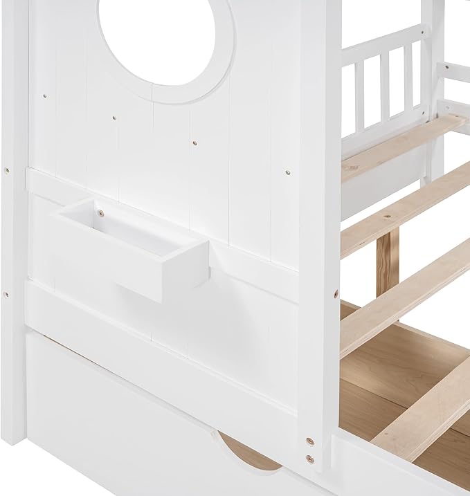 Modern Full Size House Bed with Roof and Window, Wooden Daybed Frame with Shelves and 2 Drawers,Bedroom Furniture for Girls & Boys (White+2 Drawers*)