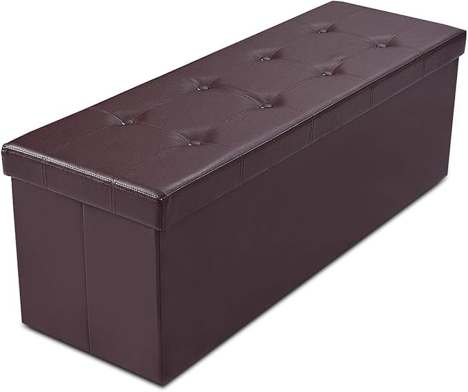 Safeplus Folding Storage Ottoman Bench, 45" Large Ottoman Space-Saving Bench,Faux Leather Storage Chest with Memory Foam,Footrest Padded Stool Seat for Bedroom Toy Chest, Brown,Leather