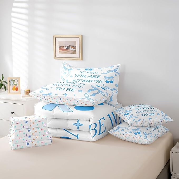 7 Pieces Blue Bowknot Kids Comforter Set King,Cherry Tropical Fruit Cartoon Princess Bedding Set,Bow Tie Stars Daisy Cute Blue Dreamy（Comforter+Fitted+Flat Sheet+2 Pillowcases+2 Throw Pillow Covers）
