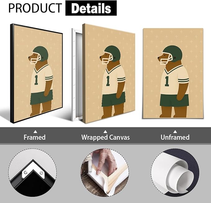 Football Poster Canvas, Baby Boy Sports Nursery Wall Art, Animal Bear Athletes Pictures, Run Fast Jump High Charming Quote Print, Kids Bedroom Soccer Equipment & Field Decor 12x16in Wrapped Canvas
