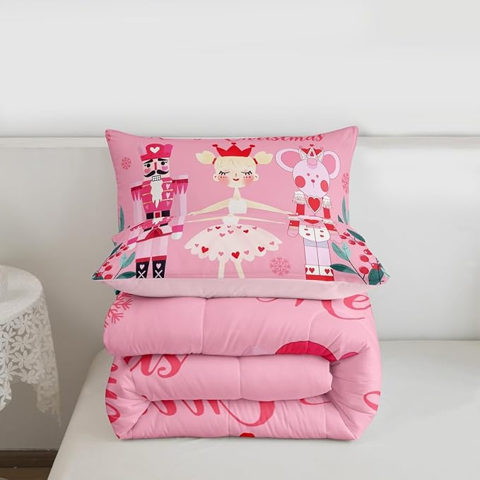 Feelyou Pink Christmas Comforter Set All Season Nutcracker Bedding Set with 1 Pillow Cases Mouse King Microfiber Kids Toddler Bedclothes Royal Guarder Ballet Princess Bedroom Decor Duvet Quilt Soft