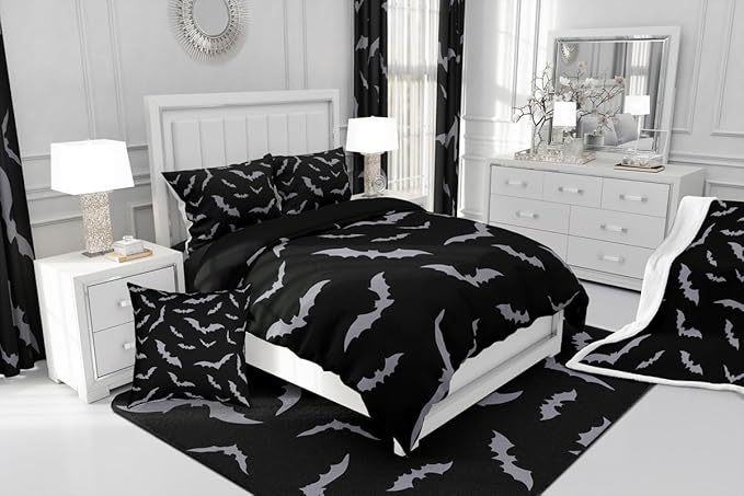 Erosebridal Happy Halloween Comforter Set for Kids Youth Grey Bats Bedding Set Gothic Spooky Quilt King Size Cartonn Bed Decorative Bedding Comforter Sets with 2 Pillow Cases