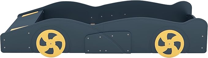 Harper & Bright Designs Twin Size Race Car-Shaped Platform Bed with Wheels and Storage, Dark Blue+Yellow