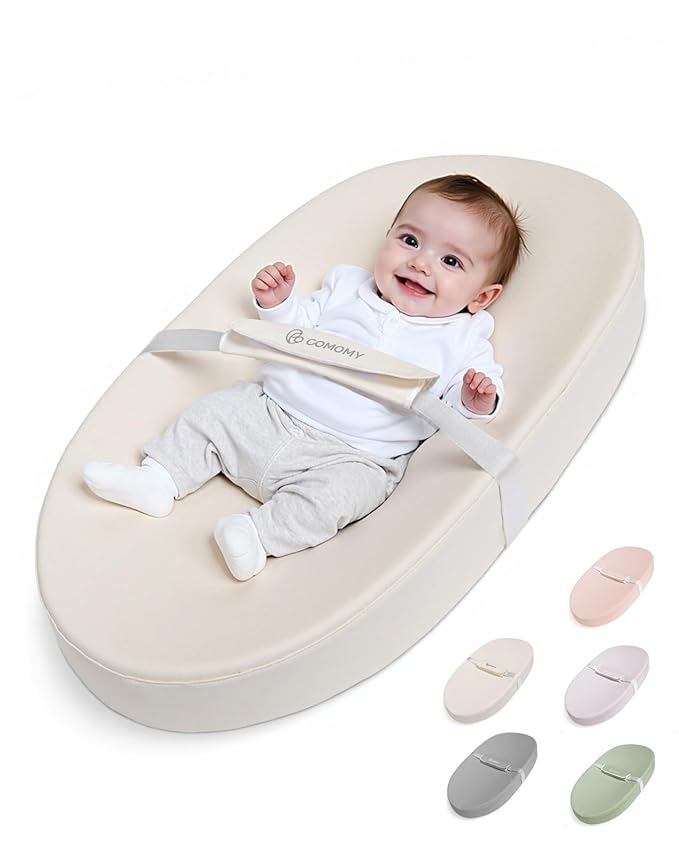 COMOMY Baby Changing Pad with Wipeable & Waterproof PU Cover, Contoured Diaper Changing Pad for Dresser with Non-Slip Safety Belt, Portable and Lightweight, Large Cushioned Foam, Beige