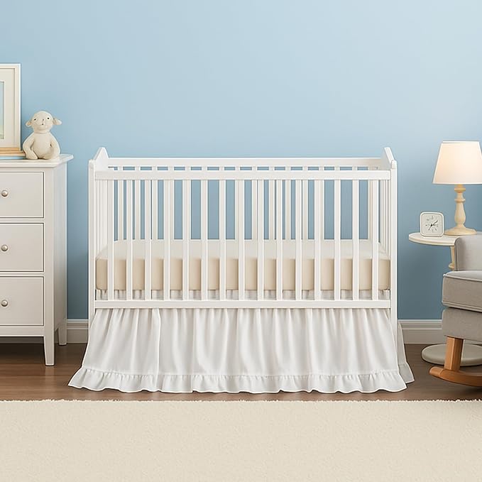 Crib Skirt Dust Ruffle 28" x 52" with 16" Drop–100% Washed Cotton Baby Bed Crib Skirt for Boys & Girls' Cribs, Durable & Fade - Resistant Nursery Bedding, Fits Standard Cribs