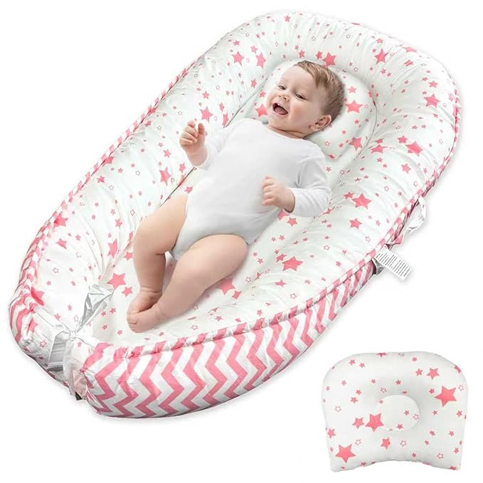 JIFTOK Baby Nests Lounger for Newborn, Snuggle Bassinet for 0-24M, Breathable Portable Co Bed, Baby Essentials Adjustable Infant Soft Cotton Loungers for Home & Travel -Pink Star