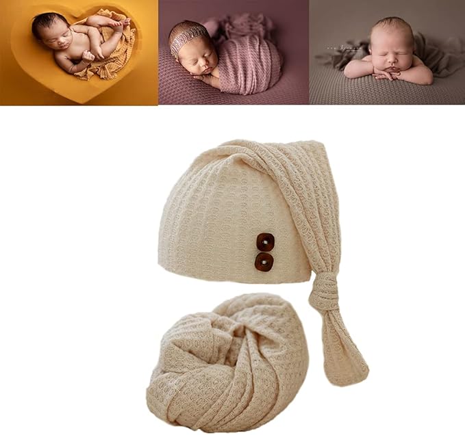 Newborn Baby Photography Wrap with Long Tail Hat Boy Girl Photo Crochet Outfits Picture Blanket Props (Beige)