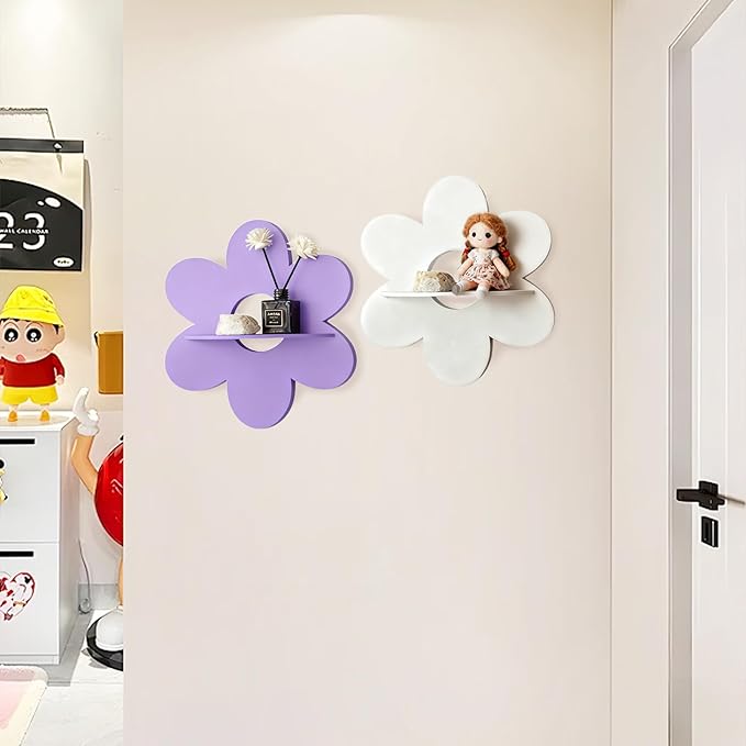 Cute Shelf Pink Floating Shelves, 2Pcs Flower Shaped Green Floating Shelves Display Daisy Decor for Bathroom Livingroom Bedroom Shelves (Purple White)
