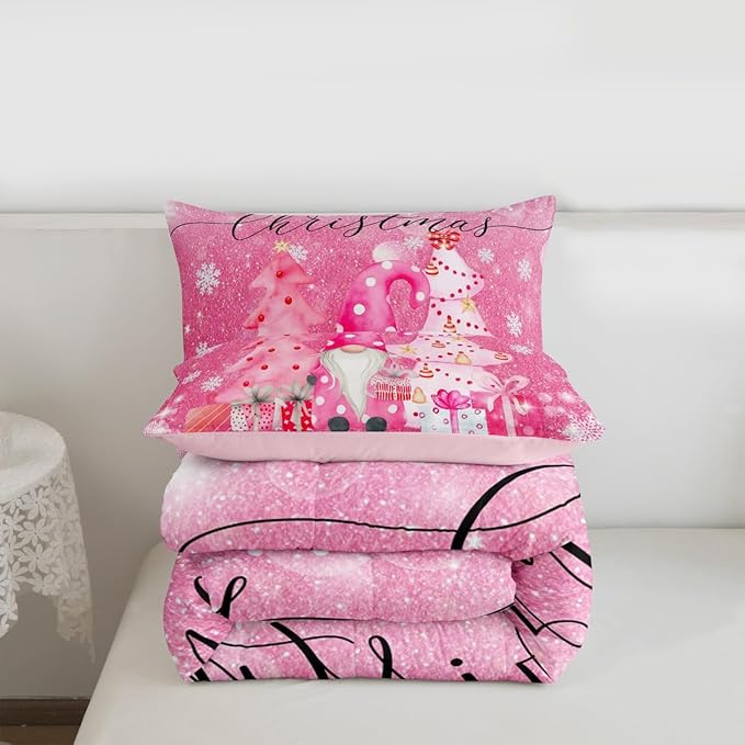 Castle Fairy Girly Christmas Comforter Set Twin Size,Pink Gnome Xmas Pine Trees Gift Bedding Set for Kids Boys Men,Snowflake Stars Glitter Sparkling Quilted Duvet Set with 1 Pillowcase