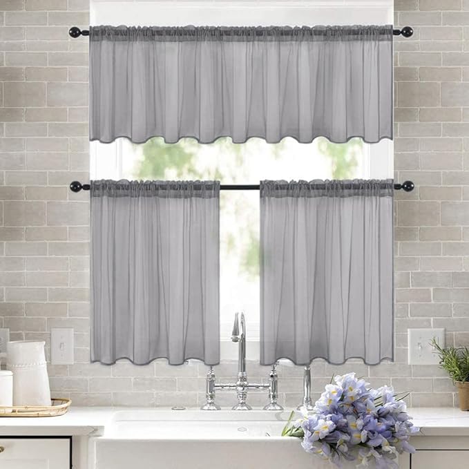 MIULEE 2 Panels Kitchen Tiers Half Window Sheer Curtains Rod Pocket Voile Drapes for Kitchen Bathroom Small Windows 29 by 36 Inch Charcoal Grey
