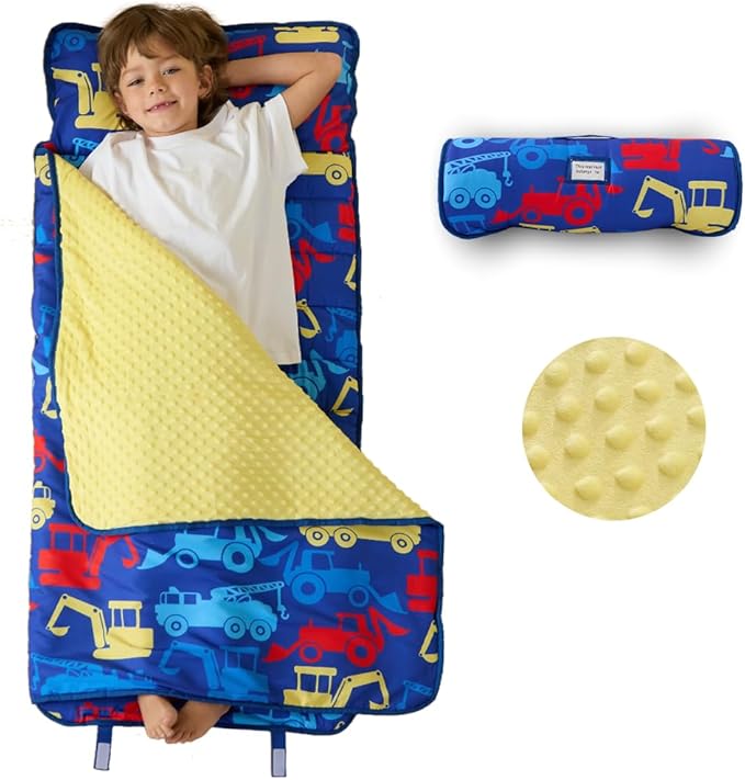 beeweed Toddler Nap Mat, Rollup Design Kid Sleeping Mat with Removable Pillow & Minky Blanket, Toddler Sleeping Bag for Daycare Preschool Travel Camping