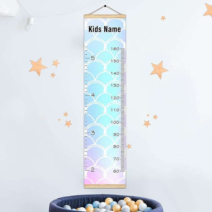 Personalized Kids Name Growth Chart Ruler for Wall Wood Frame Height Measure Chart 13.4x56 in Linen Hanging Height Growth Chart Rainbow Mermaid Kids Room Decor