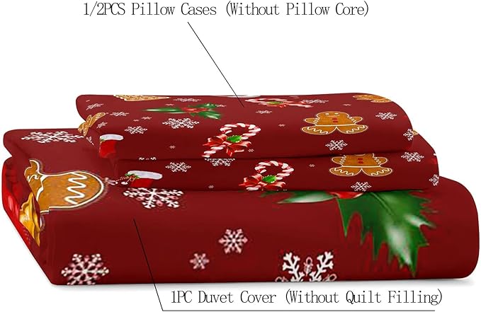 LUVIVIHOME 2PCS Christmas Duvet Cover Twin Bedding Sets, Red Duvet Cover, Boys Girls Kids Bedding, Cute Gingerbread Snowflake Holiday New Year Xmas Gifts Christmas Comforter Quilt Cover, 1 Pillow Case