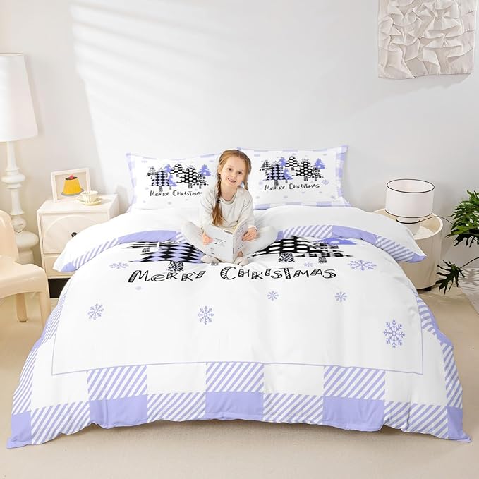 Manfei Xmas Trees Duvet Cover Set Queen Size, Blue Plaid Grid Snowflake Bedding Set for Kids Girls Room Decor, Christmas Theme Comforter Cover New Year Quilt Cover with 2 Pillowcases, No Comforter
