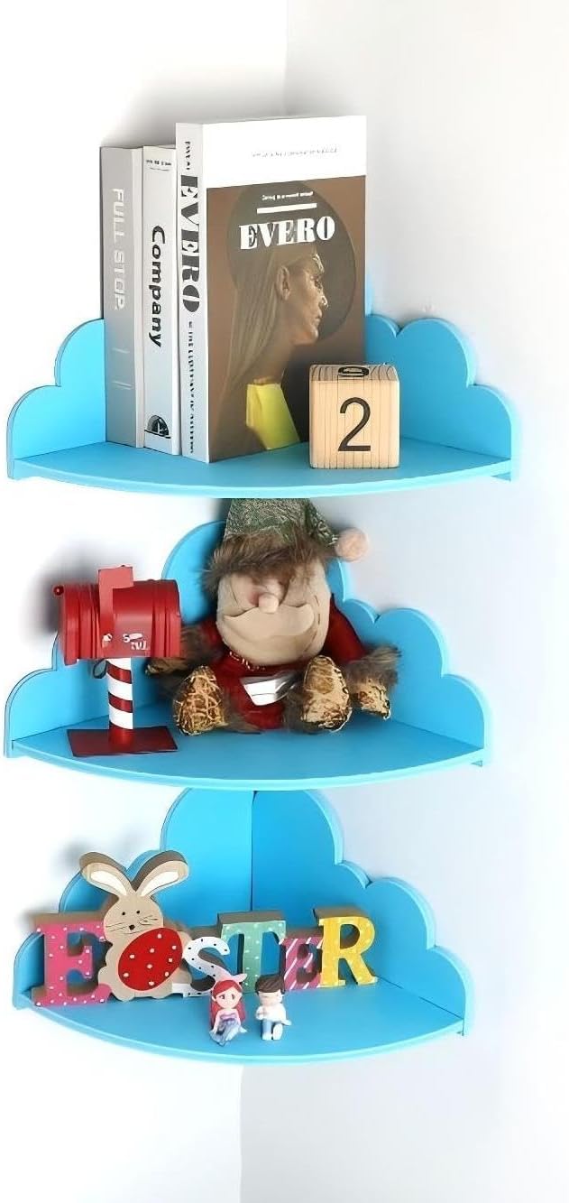 Cloud Wall Shelf Set of 3 Corner Hanging Shelf Nursery Book Shelf, Scalloped Design, Safe and Non-Toxic Sheet Wall-Mounted Background for Kids Bedroom, Toddler Room, Baby Room Decor