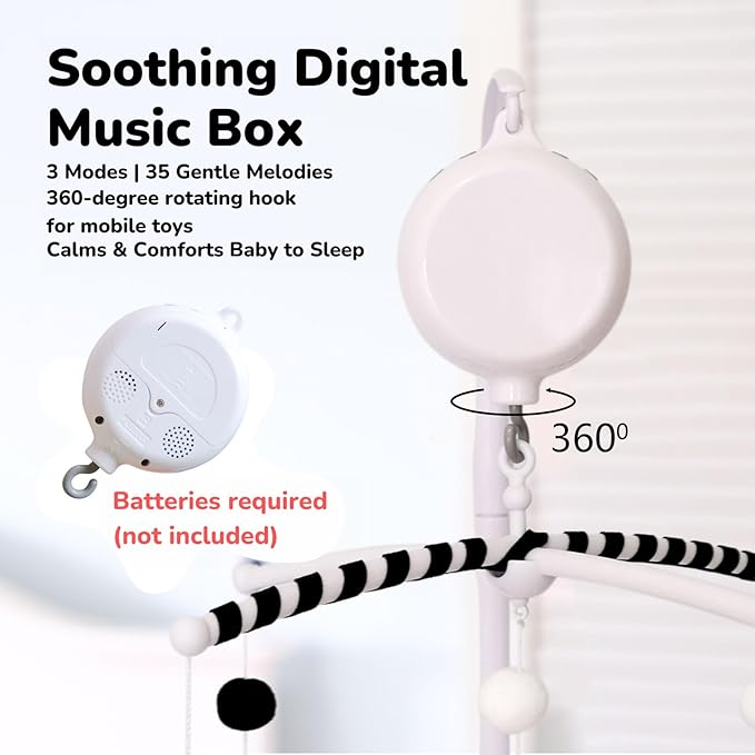 Crib Mobile Arm with Music Box, 28 Inch Baby Mobile Holder for Crib, Mobile Crib Arm, Mobile Hanger, Baby Mobile Motor with 3 Modes, Adjustable Volume, 35 Lullabies