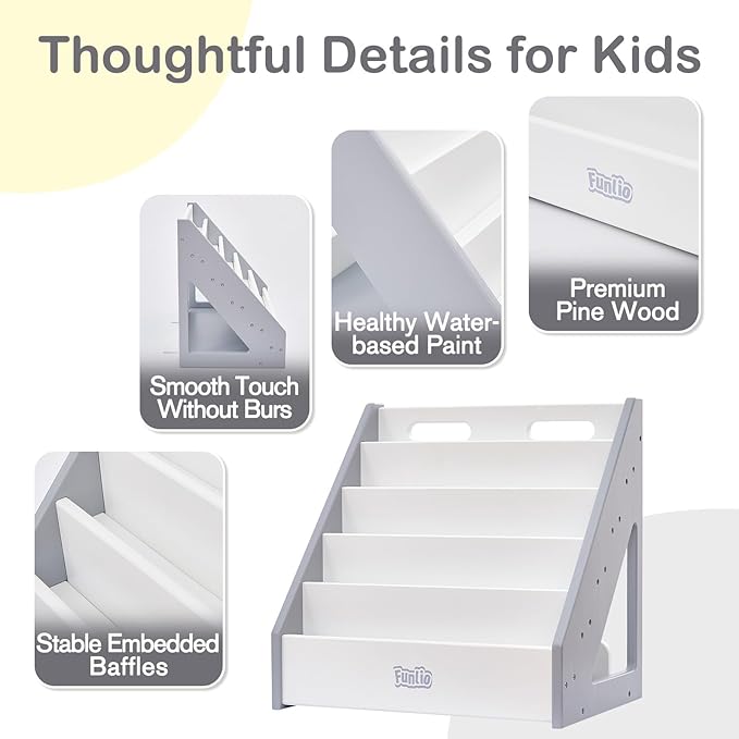FUNLIO Montessori Bookshelf for Toddlers 1-5 Years, Front-Facing Kids Bookcase with Handle & Anti-Tilting Device, Premium Pine Baby Bookshelf, Children's Bookcase for Nursery/Classroom - Grey & White