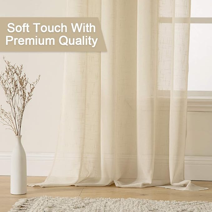 MIULEE 2 Panel 108 Inch Natural Light Beige Linen Semi Sheer Window Curtains Elegant Solid Drapes Grommet Top Window Voile Panels Linen Textured Panels for Sliding Door Living Room (52" W X 108" L)