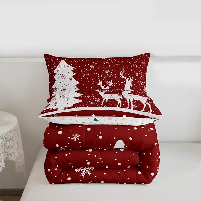 Merry Christmas Kids Comforter Set Queen Size,Deer Elk Pine Trees Bedding,Girls Boys Adults Bedroom/Xmas Cabin Decor,Snowflake Romantic Down Comforter,Rustic New Year Red Duvet Insert,2 Pillowcases
