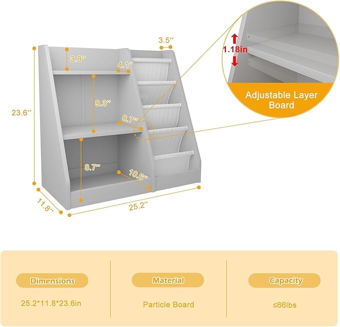 NACHES Montessori Kids Bookshelf Fabric Sling Pockets & Open Shelves – Front Facing Toddler Book Display and Toy Storage Organizer for Nursery Playroom or Bedroom 25" Wide (Gray, Small)