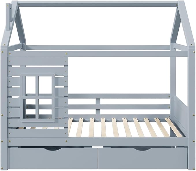Aoowow Twin Size Kids House Bed with 2 Drawers, Wooden Twin Bed Frame with Window and Roof for Bedroom, Modern Twin Size Kid Playhouse Bed with Slats for Boys Girls, Can be Decorated, Grey