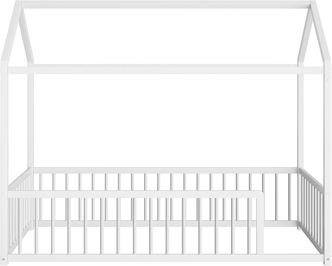 Montessori Style Metal Floor Bed Frame, House Shaped Bed with Fence for Kids and Toddlers, Easy Assemble, No Slats, Twin Size, White