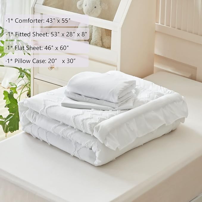 AIKASY Toddler Bedding Set 4 Pieces Super Soft Comforter Set, Shabby Boho Bohemian Design for Boys and Girls（Ruffle Fringe Comforter, Flat Sheet, Fitted Sheet and Pillowcase）- White