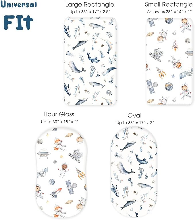 GRSSDER Stretchy Ultra Soft Fitted Bassinet Sheet Set 2 Pack, Universal Fit for Bassinets Baby Cradle Moses Basket Oval Rectangle Mattress Safe and Snug, Sea Fish & Space Stylish Print
