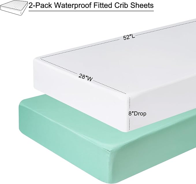 david's kids Waterproof Crib Sheets Fitted 2 Pack, Ultra Soft Breathable Crib Mattress Protector for Boys Girls Neutral, Fit Standard Crib Mattress and Toddler Mattresses, White & Sage Green