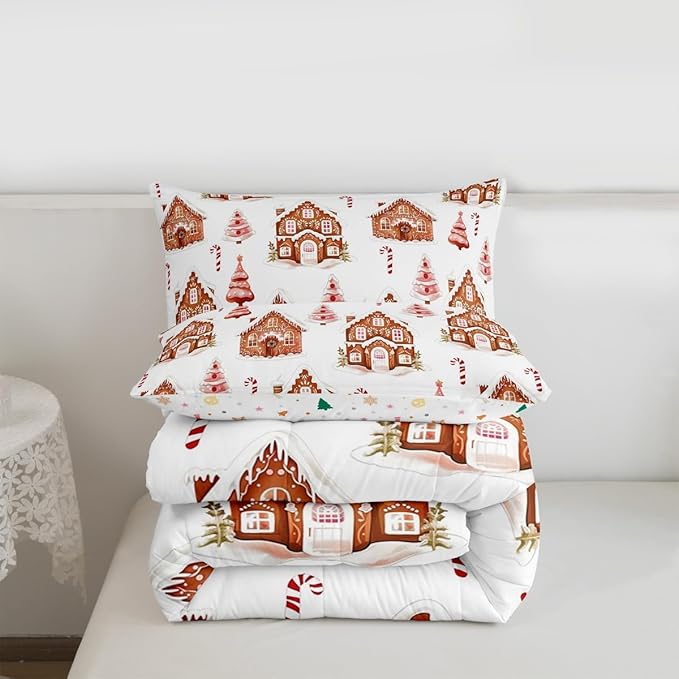 Feelyou Merry Christmas Comforter Set Toddler Size Gingerbread House Bedding Set for Kids Boys Girls Xmas Tree Duvet Quilt Candy Cane Bedroom Decor Microfiber 2 Pcs with 1 Pillow Cases