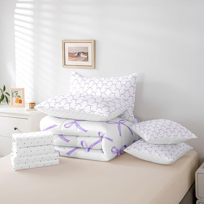 Manfei 7 Pieces Cartoon Bowknot Kids Comforter Queen Size,Bow Tie Fashion Princess Girls Bedding Set,Cute Bow Geometric Purple Romantic（Comforter+Fitted+Flat+2 Pillowcases+2 Throw Pillow Covers）
