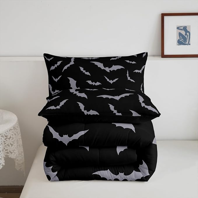 Erosebridal Happy Halloween Comforter Set for Kids Youth Grey Bats Bedding Set Gothic Spooky Quilt King Size Cartonn Bed Decorative Bedding Comforter Sets with 2 Pillow Cases