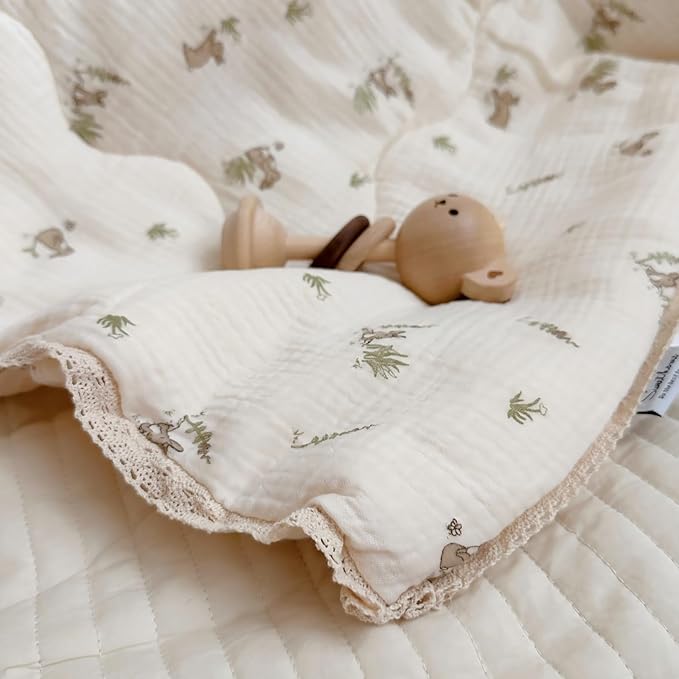 BuLuTu Cartoon Bunny Gauze Toddler Quilt Kids Blankets for Girls Boys, Soft Breathable Cotton Muslin Kids Comforter Quilted Blanket with Cute Rabbit Pattern, 47"x59", No Pillow