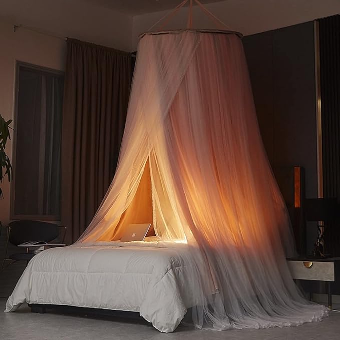 Kertnic Luxurious Bed Canopy for Girls & Adults - Double Layer Princess Canopy with Lace, Round Dome Mosquito Netting for Queen/King Bed Tent (Pink)