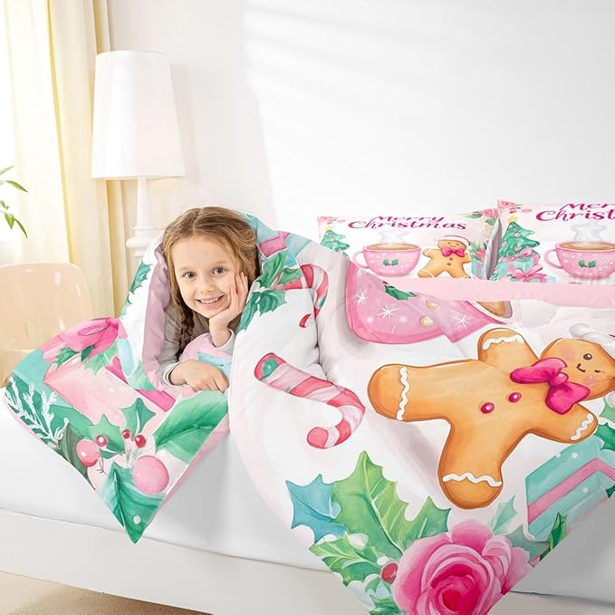 Feelyou Merry Christmas Bedding Set Soft for Boys Girls, Christmas Decor Comforter Set Twin Size Gingerbread Man Duvet Quilt Microfiber Xmas Bedroom Decor 2 Pcs with 1 Pillow Cases